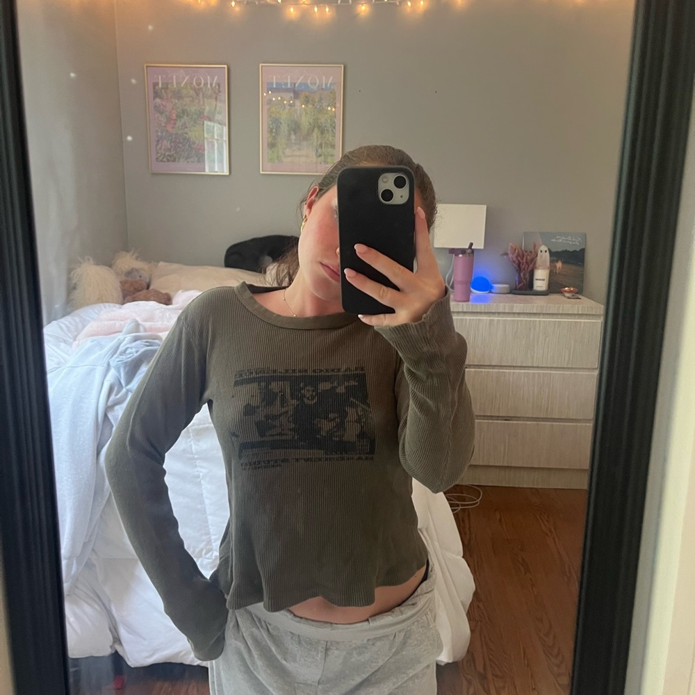 Olive green Brandy Melville John Galt graphic long sleeve top